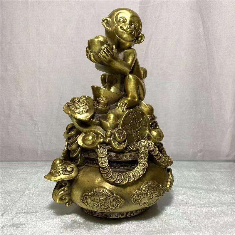 铜猴子摆件纯铜金猴献宝生肖猴客厅办公室店铺装饰品聚宝盆T