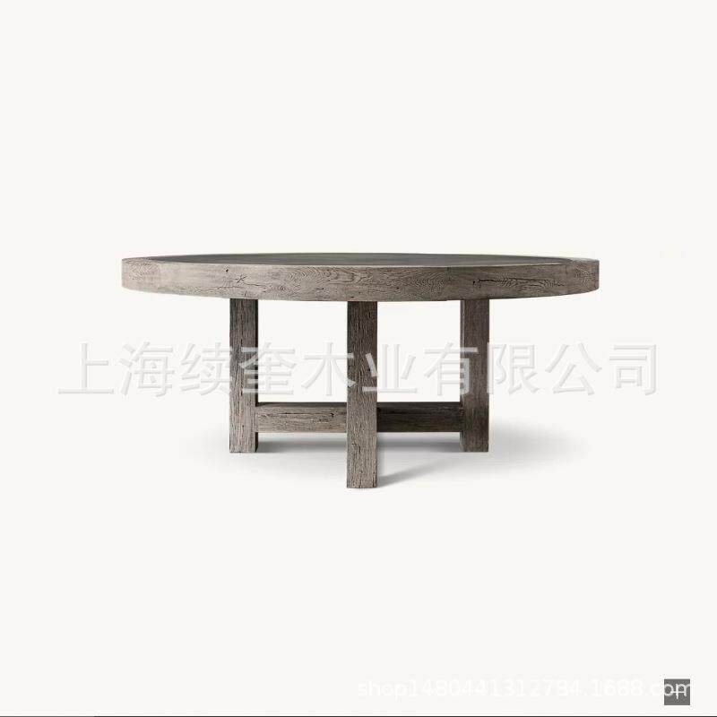 RH简约不锈钢圆形实木餐桌椅组合家用餐厅家具别墅亚马逊出口工厂