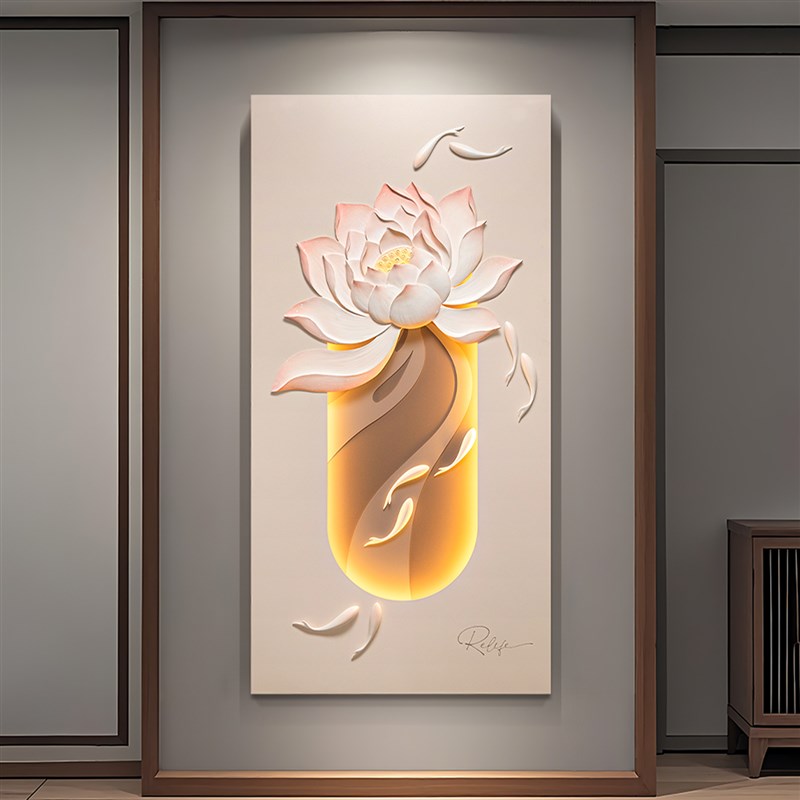 3D立体浮雕玄关挂画九鱼图走廊过道灯光鱼戏莲花现代客厅装饰画图片