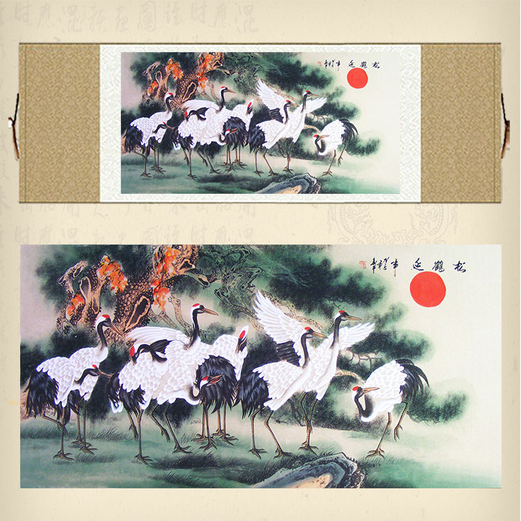 现货国画横幅松鹤延年丝绸画仙鹤松树祝寿卷轴画客厅办公室装饰画