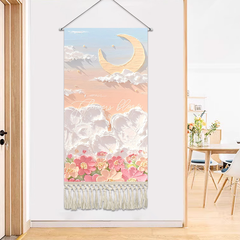 北欧简约油画装饰布画定制流苏挂画布艺客厅背景墙布挂布玄关挂毯图片