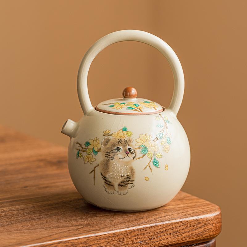 厂家汝窑萌猫圆满提梁壶茶具套装泡茶小茶壶单壶带盖陶瓷开片可养