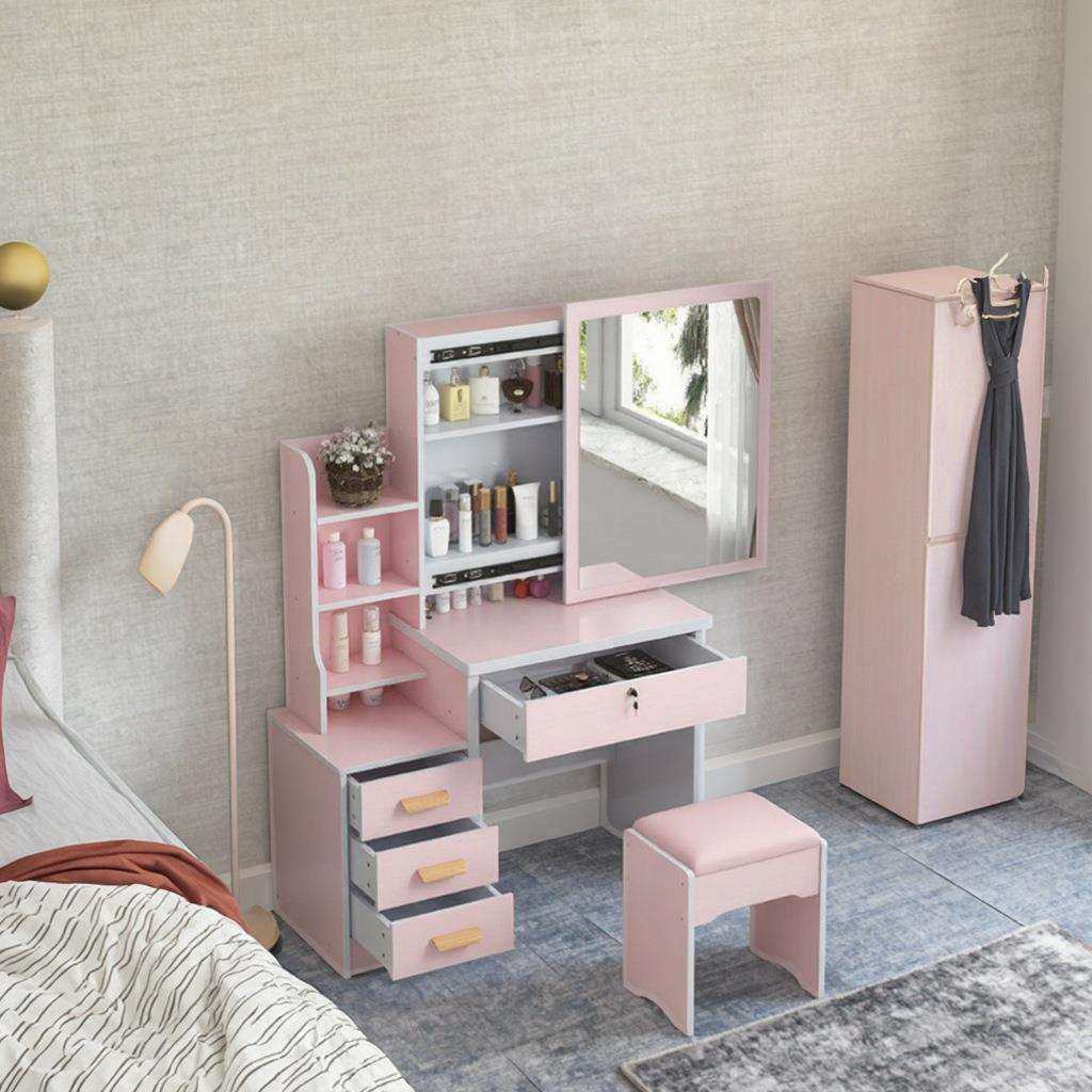 梳妆台简约经济型卧室化妆桌收纳柜粉色化妆台带灯推拉镜子化妆柜