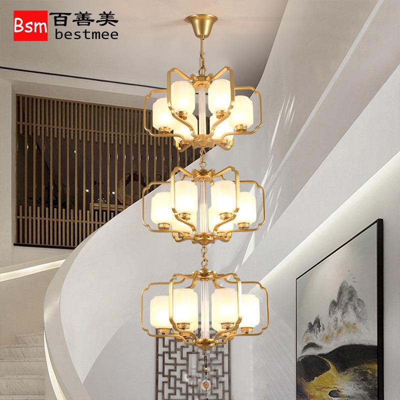 新中式复式楼大吊灯别墅客厅餐厅楼梯长吊灯挑空夹层铁艺工程灯具