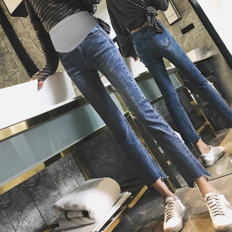 孕妇裤子夏季薄款直筒牛仔裤女显瘦弹力微喇叭九分剪脚裤外穿830