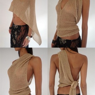 多种穿法 金色镂空针织披肩斜肩挂脖上衣 现货Jaded 一衣多穿