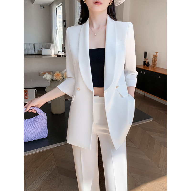 2025新款白色西装套装女春夏季薄款气质女神范高级感阔腿裤小西服