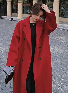 红色毛呢外套女秋冬装大码胖MM宽松新年婚礼小个子加厚呢子大衣
