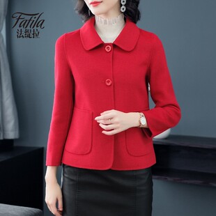 毛呢外套女双面呢 秋冬韩版 小个子红色双面羊绒大衣女短款 2021新款