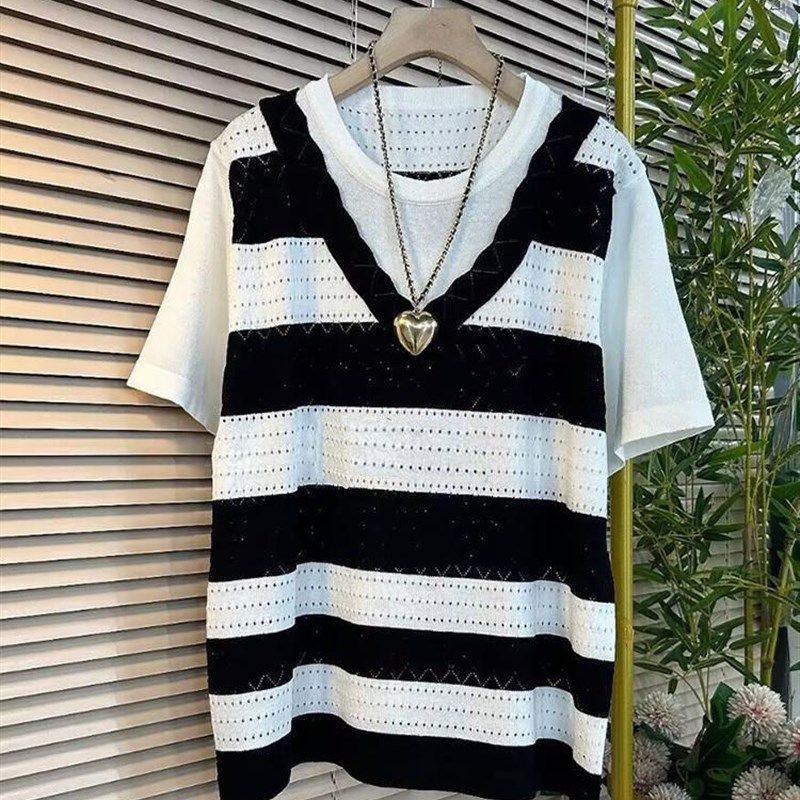 300斤大码薄款宽松冰丝镂空假两件拼接显瘦针织打底短袖T恤上衣女