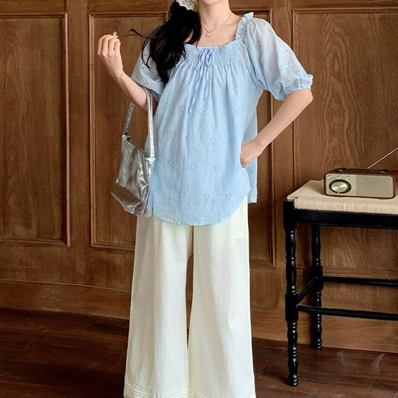 孕妇蓝色套装2025夏季新时尚方领薄短袖剪裁上衣阔腿裤两件套,孕妇装/孕产妇用品/营养,连衣裙,淘宝优惠券,粉丝福利购,淘宝优惠卷