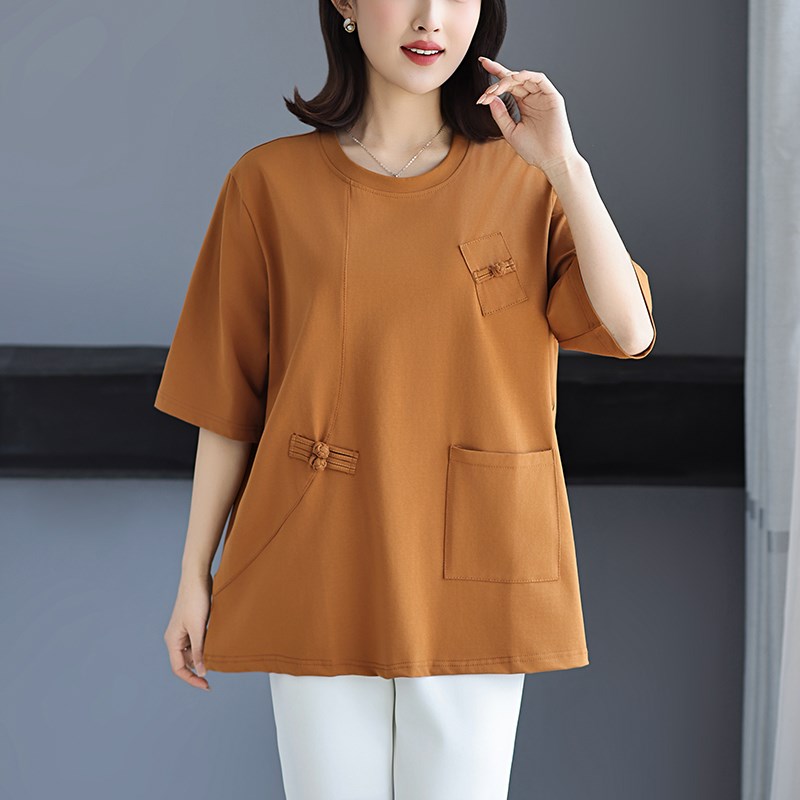 50多岁妈妈短袖t恤纯棉遮肚小衫加肥加大上衣夏季新款中老年女装