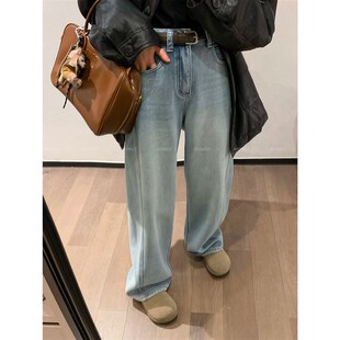 爱情魔鬼鱼 浅蓝色复古加绒牛仔裤女2024冬季新款高腰阔腿裤长裤