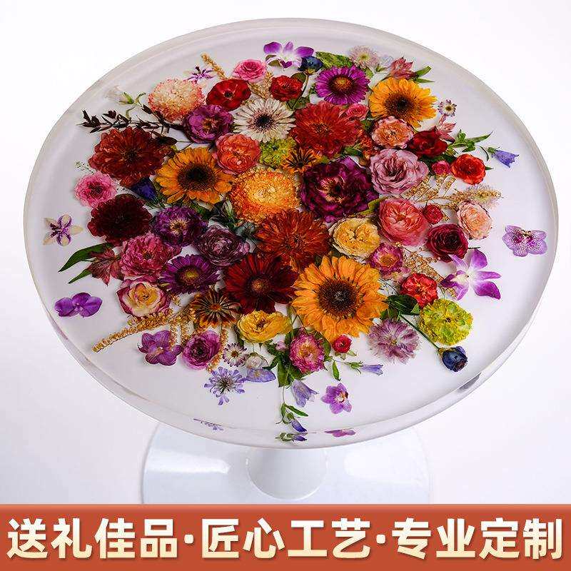 茶几客厅家用桌子餐厅客厅阳台圆桌茶几小户型创意鲜花树脂咖啡桌