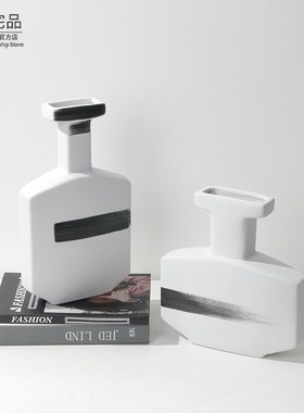 现代简约北欧抽象艺术扁形陶瓷花器摆件新中式样板房售楼处装饰品