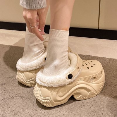 冬款可拆卸棉拖鞋女士秋冬季外穿厚底冬天棉拖加绒高跟10CM洞洞鞋