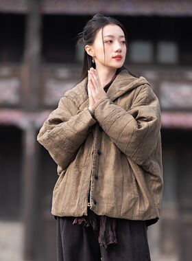 中国风复古盘扣棉袄连帽短款外套女款冬夹棉加厚禅意保暖棉服唐装