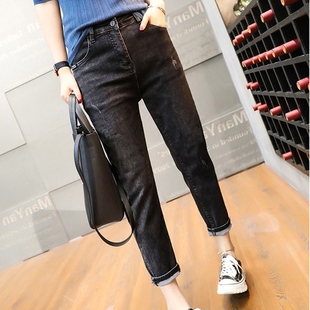 宽松显瘦胖妹妹九分老爹裤 加绒新款 女高腰秋冬季 弹力牛仔裤 子 大码