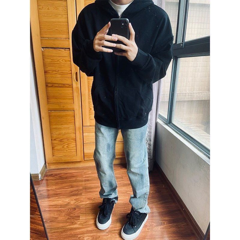 黑色双拉炼开襟羊毛衫男子春秋清洁无绳夹克利基设计右肩卫衣