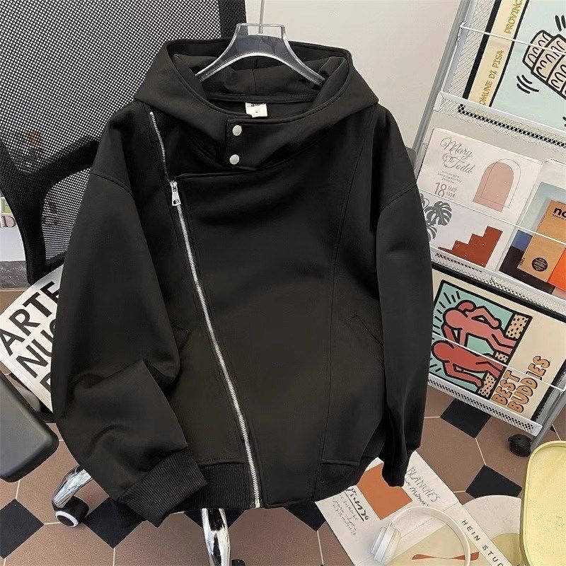 美式复古双拉链连帽卫衣男女春秋冬高级感不规则解构纽扣外套上衣,男装,羽绒马甲,淘宝优惠券,粉丝福利购,淘宝优惠卷