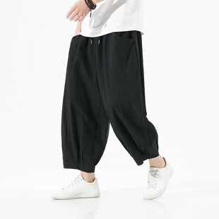 男士 棉麻阔腿九分裤 夏季 宽松灯笼裤 胖子大码 中国风亚麻复古八分裤