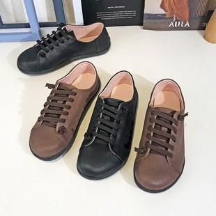 春秋新款 复古真皮平底鞋 德国系带单鞋 仙女鞋 纯色黑色鞋 森系休闲鞋