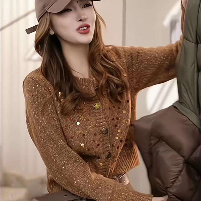 重工亮片针织开衫短款毛衣外套女小个子2023秋冬新款百搭气质上衣