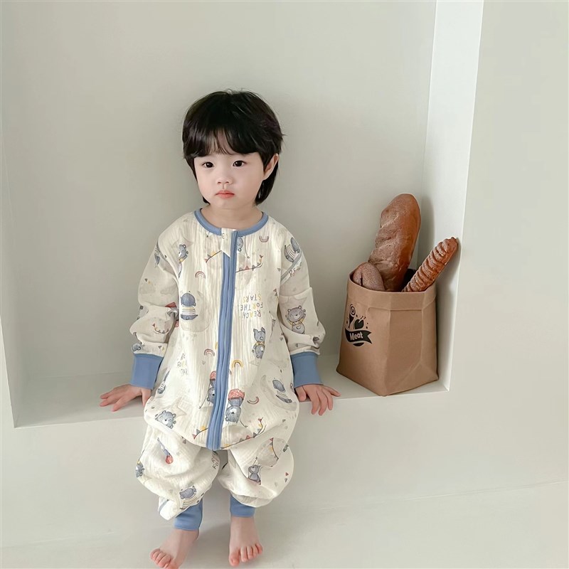 宝宝睡袋春夏季纱布前四后二防踢被男女童连体睡衣小孩全棉家居服