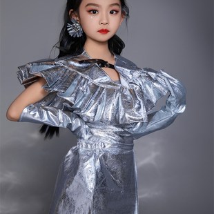 元 银皮革套装 宇宙9科技风潮服8走秀机车风炫酷皮衣7 女童玫红 新款