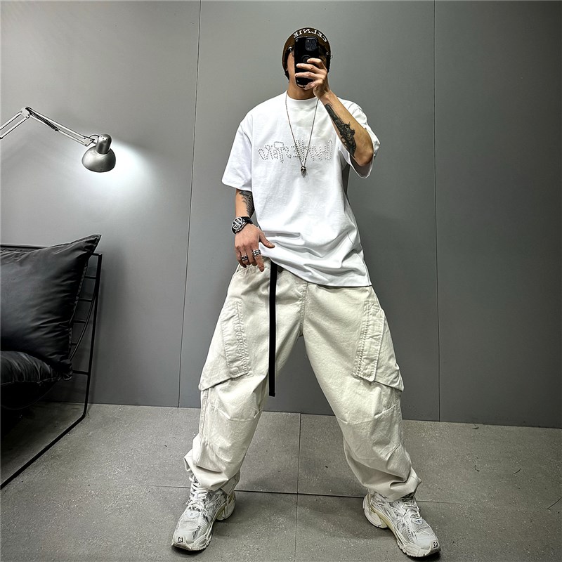 OOTD潮牌廓形白色短袖t恤男创意铆钉个性半袖体恤衫纯棉百搭休闲T