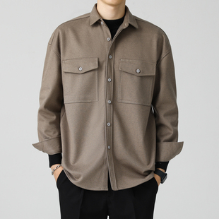 美式复古工装毛呢衬衫外套男士春秋款高级感加厚磨毛外穿长袖衬衣