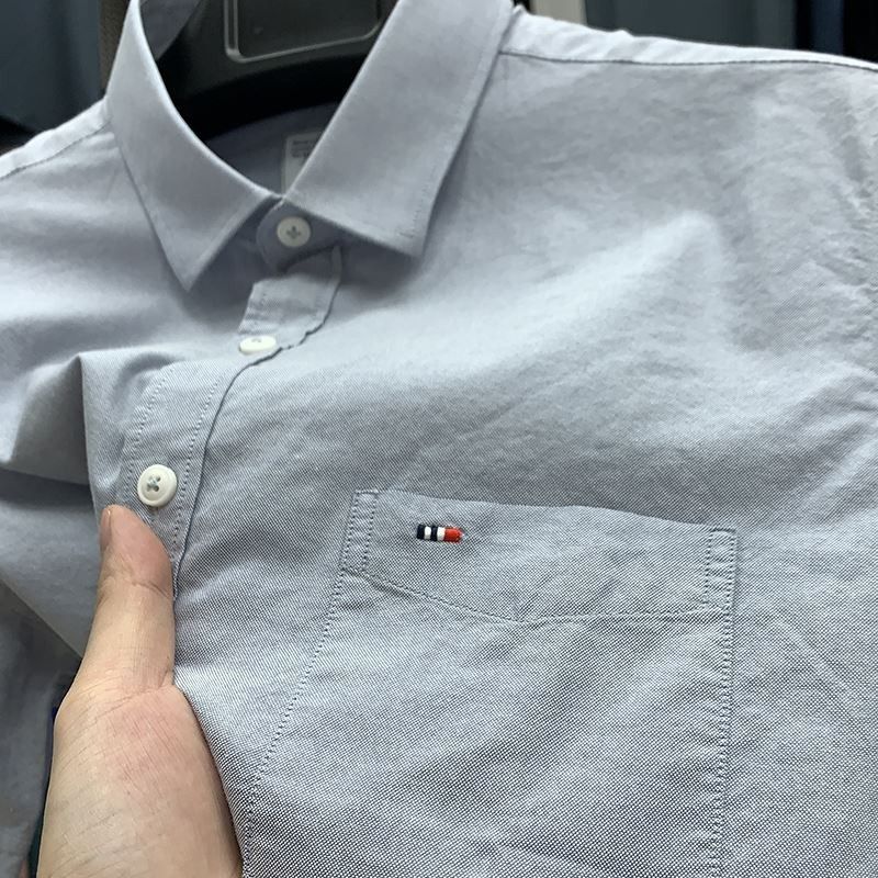 纯棉真口袋短袖衬衫男翻领夏季中年男士商务休闲牛津纺衬衣爸爸装