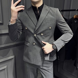 大码 高级感韩版 男商务正装 套装 新郎结婚西服 潮流英伦风双排扣西装