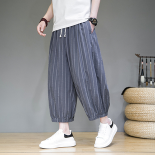 男士 胖子阔腿九分裤 条纹复古亚麻裤 宽松大码 中国风男装 束脚灯笼裤