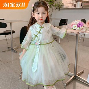 女童汉服夏季民国风儿童旗袍端午节公主洋气可爱薄纱青绿色连衣裙