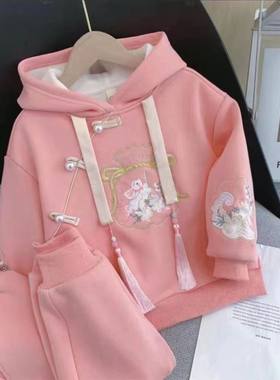 童装亲子国风女童套装春秋季拜年服中式儿童宝加绒汉服卫衣过年服