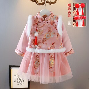 女童汉服秋冬装加厚保暖连衣裙女宝宝拜年服唐装旗袍周岁礼服棉袄