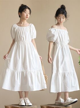 女童短袖白色连衣裙2023年新款夏季度假风宽松海滩裙少女过膝长裙