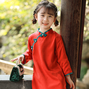 儿童旗袍女童红色中国风礼服宝宝长版中式洋装春秋款古风童装