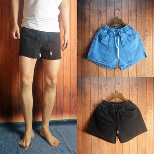 男士松紧腰系带侧开叉三分热裤女士宽松休闲大尺码牛仔短裤热裤潮