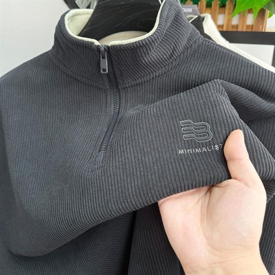 秋冬季男士加绒加厚半拉链卫衣立领男款美式上衣保暖打底衫内搭潮