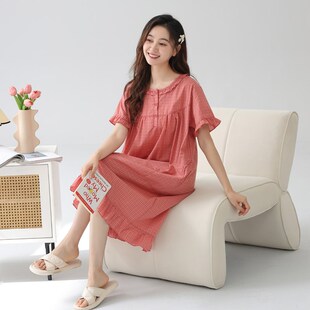 梭织纯棉纱布睡裙女士夏季薄款短袖中裙子全棉睡衣连衣裙大码宽松