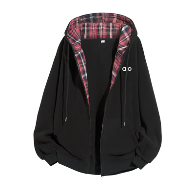 Alo 拼接格子连帽开衫卫衣男春秋美式潮牌重磅硬挺拉链开春外套