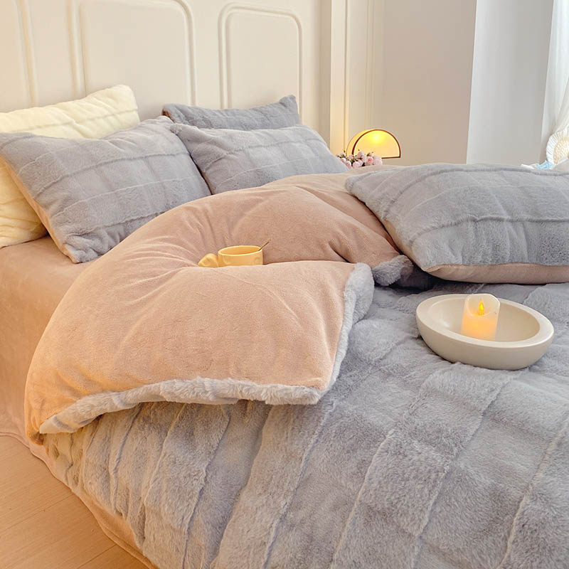 冬季兔兔绒床上四件套加厚牛奶绒床单被套O保暖双面法拉绒床笠