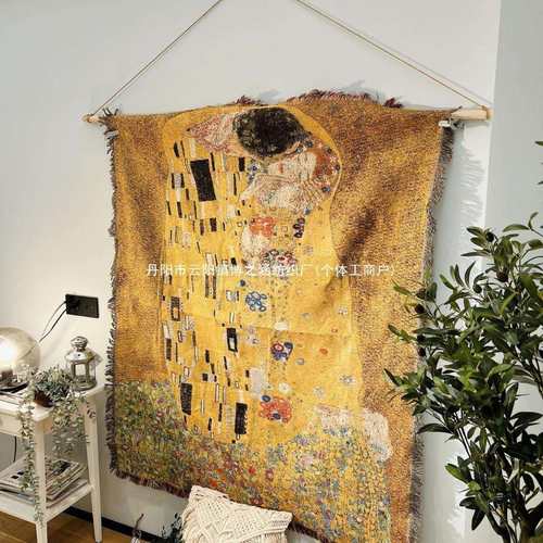 克里姆特复古抽象油画毯 金线艺术挂毯卧室床头墙面装饰毯 沙发毯