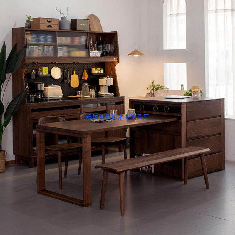 黑胡桃实木岛台餐桌一体可伸缩岩板洞洞板中岛台单独厨房橱柜吧台