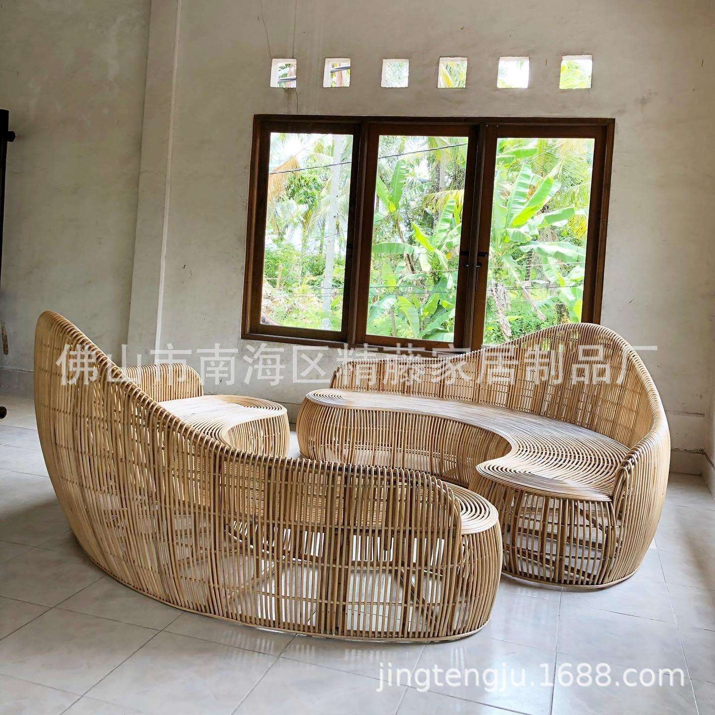 北欧印尼天然藤条编织造型沙发设计师藤编创意沙发组合真藤沙发