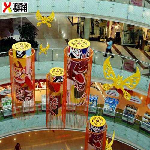 商场秋季中庭布置 京剧脸谱油画布图案写真 金色抽象蝴蝶装饰