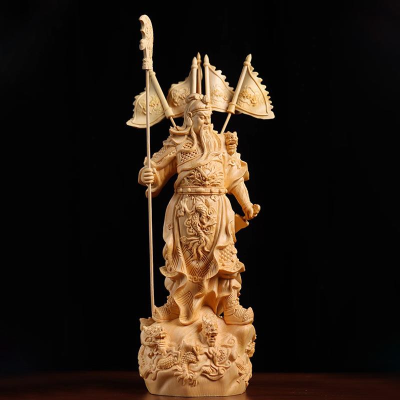 五旗关公款黄杨木 桧木雕刻摆件摆饰黄22×8×6.2 桧32×12.5×11