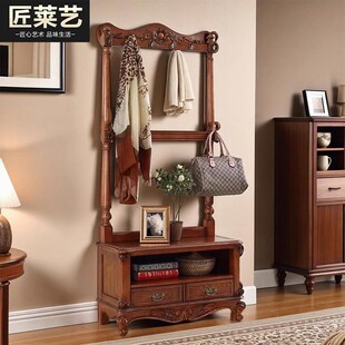 美式实木衣帽架欧k式玄关储物柜换鞋凳一体多功能卧室落地挂衣架